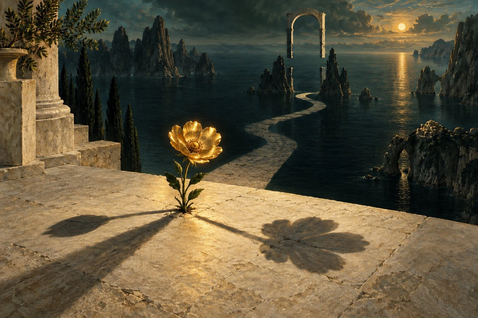 Surreal painting of a golden flower casting unexpected shadows